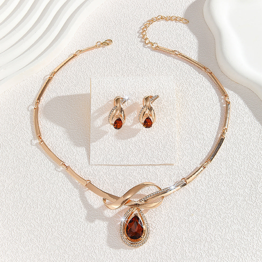 Gold Inlaid White Rhinestone Brown Crystal Necklace And Earrings Suite