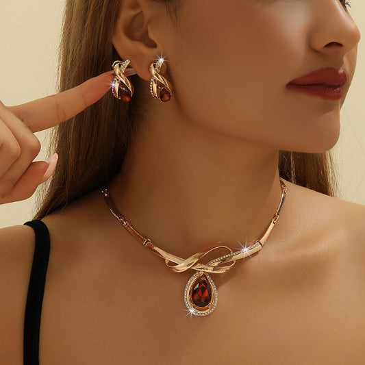 Gold Inlaid White Rhinestone Brown Crystal Necklace And Earrings Suite