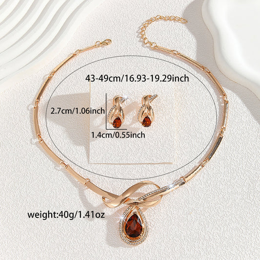 Gold Inlaid White Rhinestone Brown Crystal Necklace And Earrings Suite